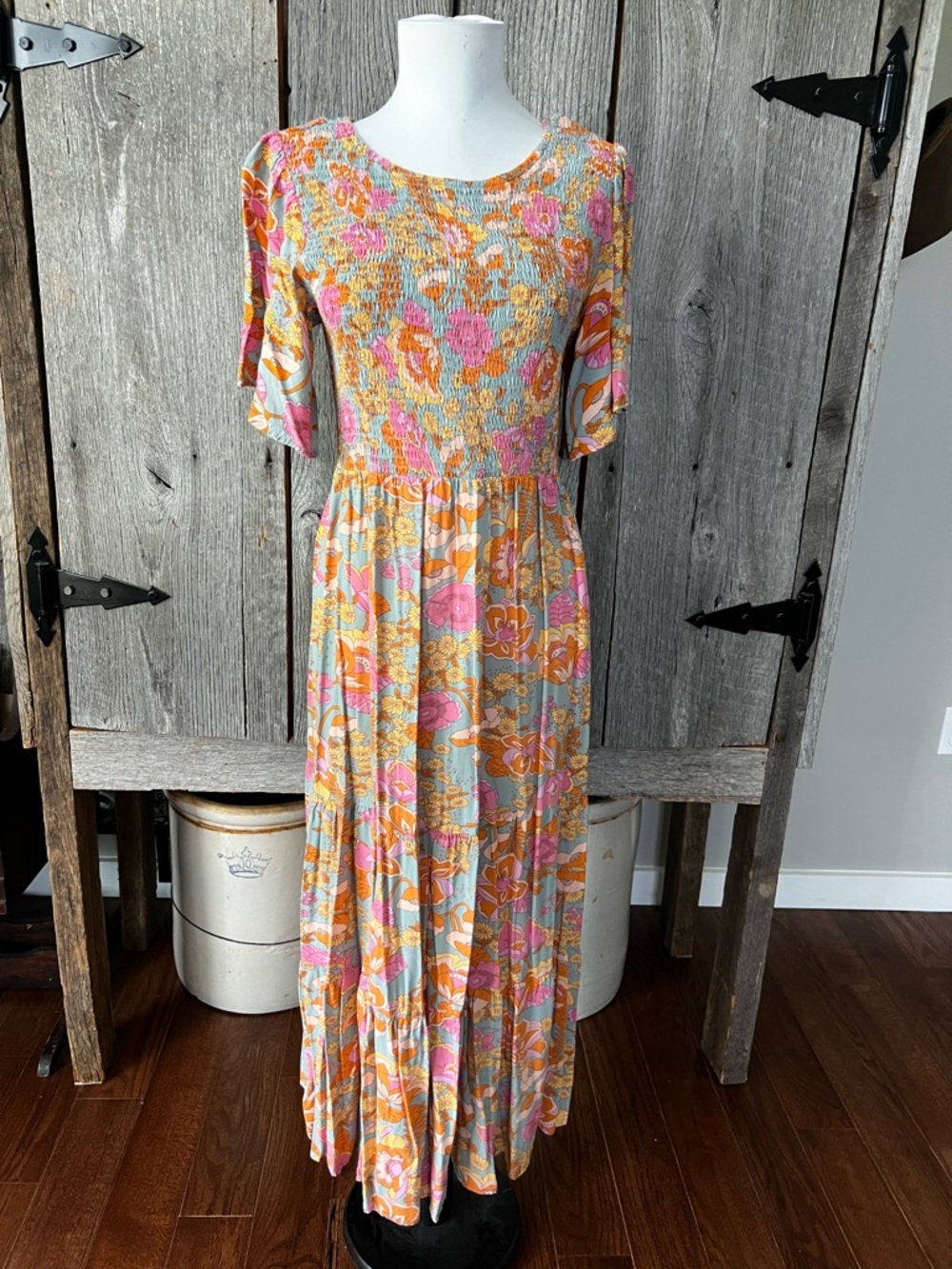Floral Smocked Maxi Dress in Pink & Orange